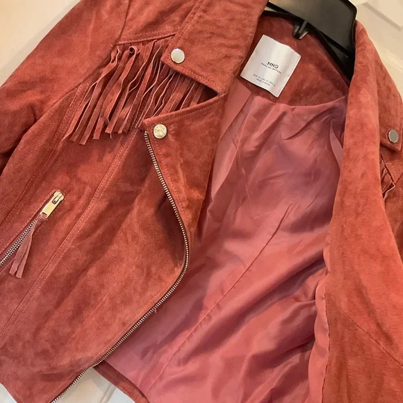 MNG Mango Leather biker fringed jacket with zipper detail, mauve color, Sz M - Picture 8 of 16
